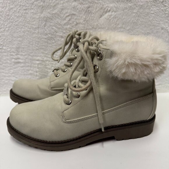 Esprit Vita E18CHE20 Women US 9M Chelsea Boots Gray Leather Fur Trim Ankle Boots - Picture 1 of 14